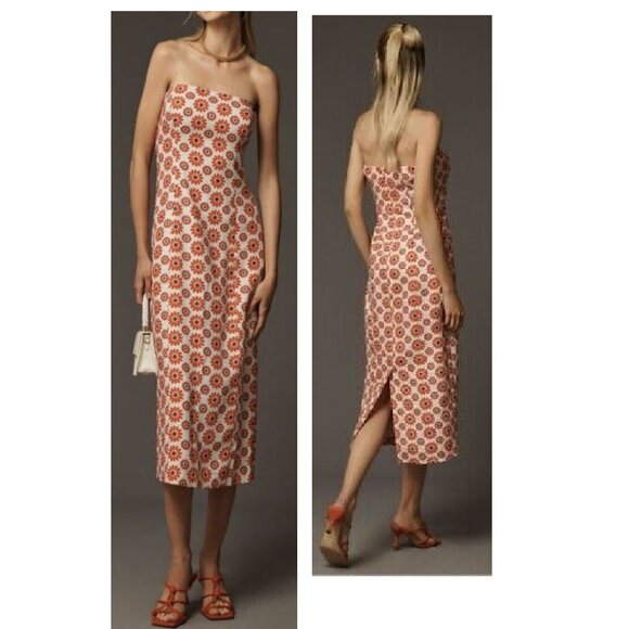 RHODE Dresses & Skirts - RHODE Strapless Midi Dress in White and Orange Floral Print